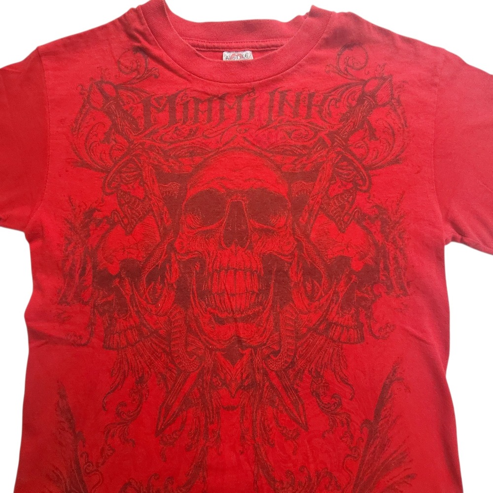 Miami Ink Skull Graphic T-Shirt Edgy Rocker Style Red Short Sleeve Small Alstyle
